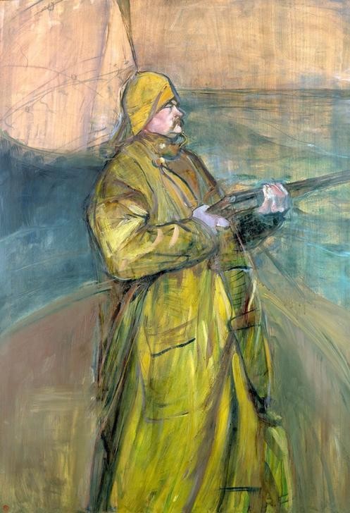 Henri de Toulouse-Lautrec, Portrait de Maurice Joyant en baie de Somme (Gewehr,Jäger,Jagd,Jugendstil,Kunsthändler,Kunst,Literatur,Mann,Schriftsteller,Regenmantel,Portrait,Französische Kunst,Entenjagd,Kniestück,Person,Südwester)