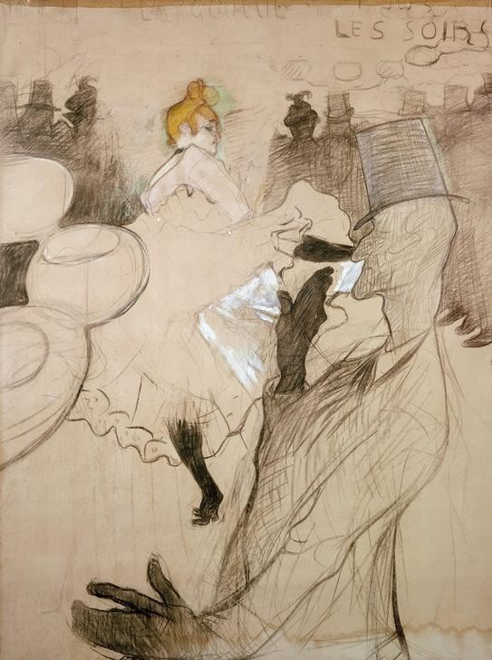 Henri de Toulouse-Lautrec, La Goulue et Valentin le Désossé (Jugendstil,Kabarett Und Variete,Kabarett,Karikatur,Mann,Nachtleben,Tänzerin,Tanz,Theater,Variete (Entertainment),Revue (Musiktheater),Tanzlokal,Nachtlokal,Französische Kunst,Entwurf,Fin De Siecle,Hässlichkeit,Jahrhundertwende,Vergnügungslokal)