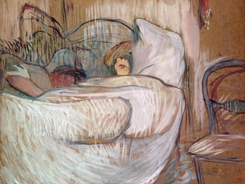 Henri de Toulouse-Lautrec, Au lit (Bett,Erotik,Prostitution,Szene,Lesbische Liebe,Homosexualität,Cunnilingus,Französische Kunst,Erotische Kunst,Sexualität,Bordell,Jahrhundertwende,Schlafen (Schlaf),Decke (Textil))