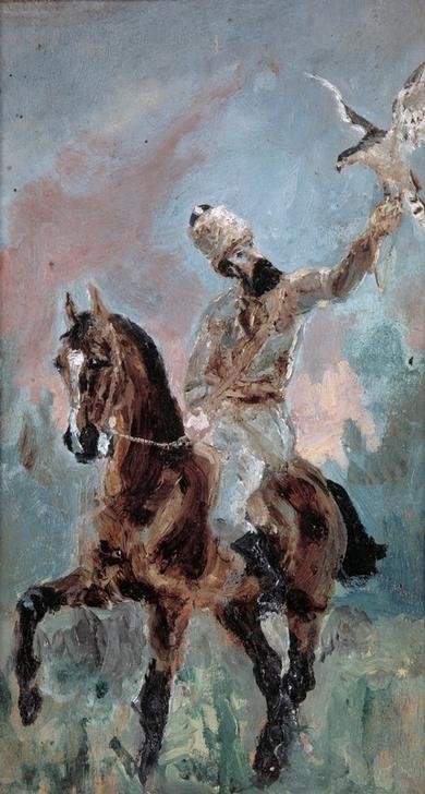 Henri de Toulouse-Lautrec, Le comte Alponse de Toulouse-Lautrec en fauconnier (Jäger,Jagd,Kunst,Mann,Pferd (Tier),Vater,Impressionismus,Reiter,Portrait,Adel,Französische Kunst,Vater Von Berühmten,Reiten,Ganzfigurig,Reiterbildnis,Falkner,Person,Falkenjagd)