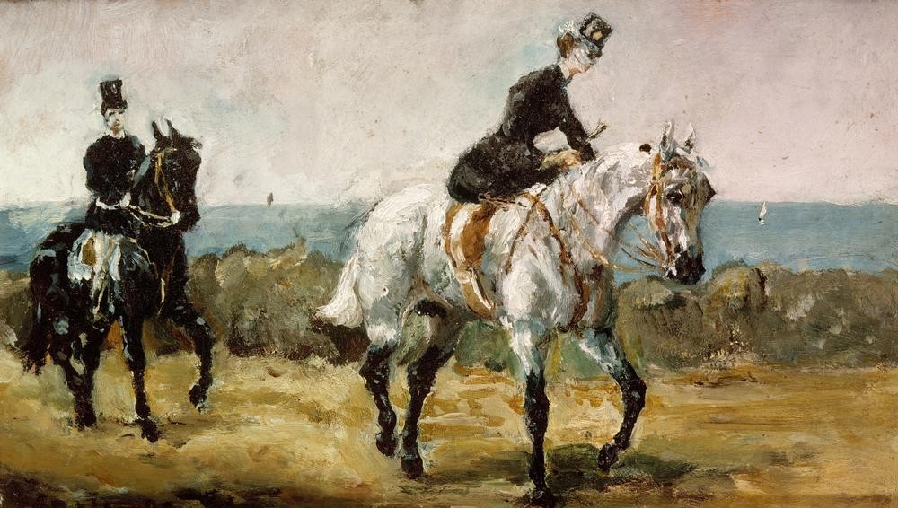 Henri de Toulouse-Lautrec, Amazone suivie de son groom (Frau,Kunst,Pferd (Tier),Freizeit,Impressionismus,Reise,Französische Kunst,Reiterin,Frauenleben,Reitknecht,Ausritt,Reiten,Reitkostüm,Damensitz)