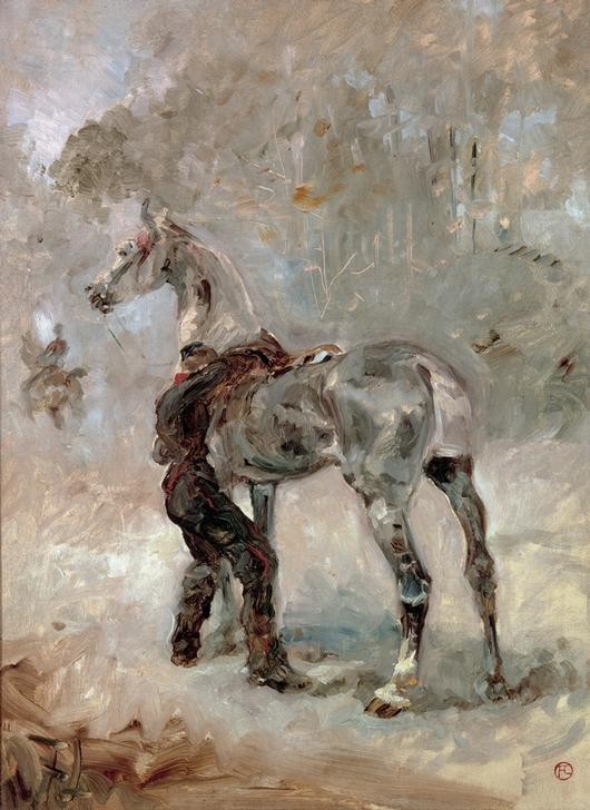 Henri de Toulouse-Lautrec, Artilleur sellant son cheval (Artillerie,Kunst,Länder,Manöver,Militär,Pferd (Tier),Soldat,Impressionismus,Sattel,Französische Kunst)