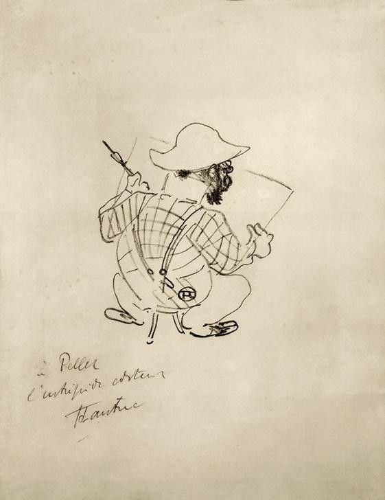 Henri de Toulouse-Lautrec, Autoportrait caricatural (Karikatur,Künstler,Kunst,Mann,Zwergwuchs,Selbstbildnis,Künstler Bei Der Arbeit,Portrait,Rückenfigur,Französische Kunst,Sitzen,Person)