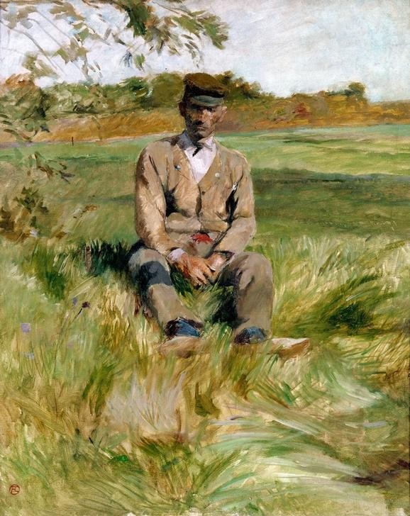 Henri de Toulouse-Lautrec, Un travailleur à Céleyran (Arbeiter,Landarbeiter,Landschaft,Mann,Mensch,Impressionismus,Portrait,Französische Kunst,Im Freien (Allgemein),Landbevölkerung,Sitzen,Hände Im Schoss,Mütze,Junger Mann)