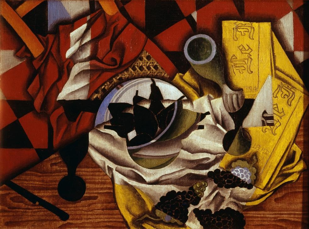 Juan Gris, Nature morte aux raisins et aux poires (Kunst,Obst,Kubismus,Stillleben,Zeitung,Spanische Kunst,Birne,Weintraube)