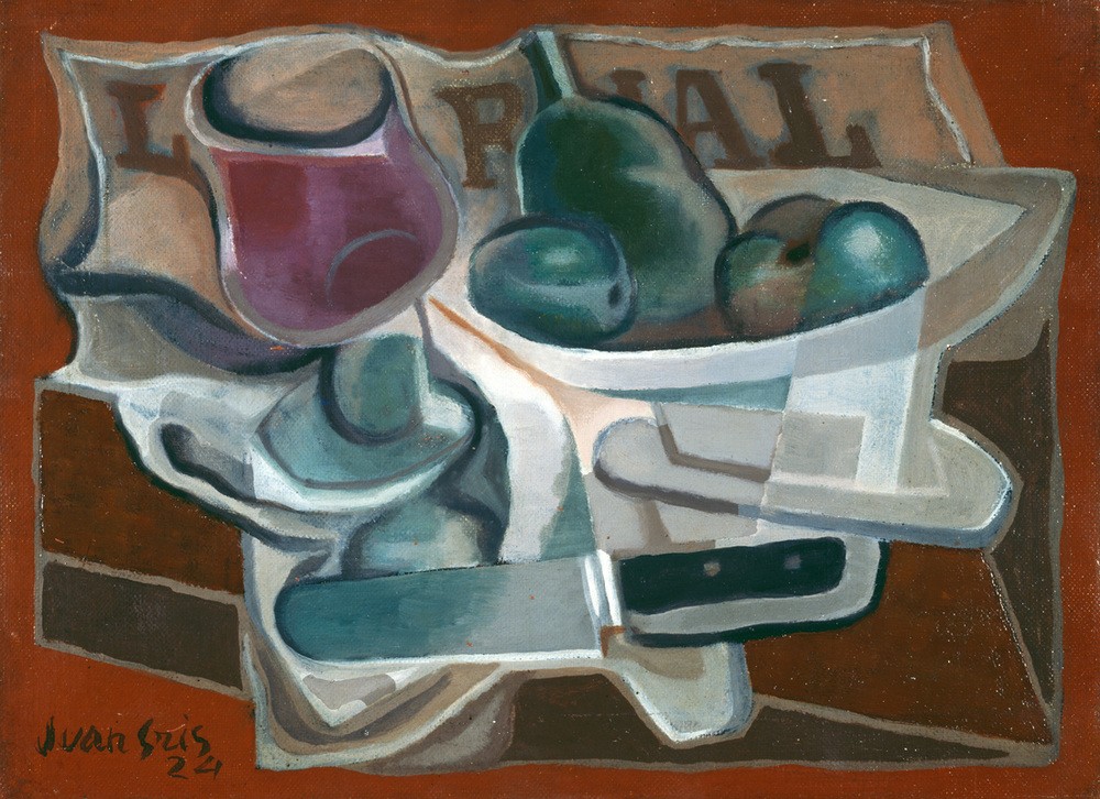 Juan Gris, Compotier et verre (Apfel,Kunst,Kubismus,Stillleben,Schale (Gefäss),Spanische Kunst,Obstschale,Birne,Weinglas,Trinkglas)