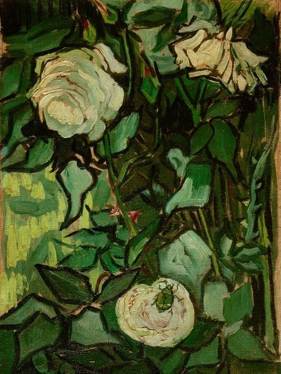 Vincent van Gogh, Rosen und ein Käfer (Botanik,Kunst,Rose,Impressionismus,Insekt,Stillleben,Niederländische Kunst,Käfer,Tier,Blume,Blüte,Pflanze,Postimpressionismus)