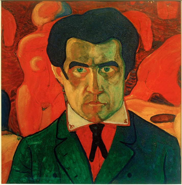 Kasimir Malewitsch, Selbstporträt, 1908-1910 (Frau,Künstler,Kunst,Maler (Künstler),Mann,Selbstbildnis,Akt,Bild Im Bild,Portrait,Expressionismus,Russische Kunst,Nacktheit,Blaue Augen,Ukrainische Kunst,Schwarze Haare,Blick Aus Dem Bild,Brustbild,Person,Farbigkeit,Farbe)