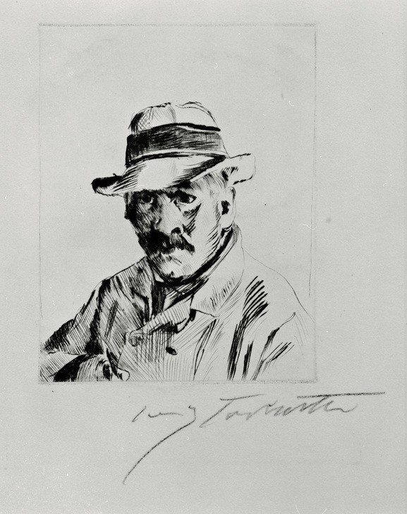 Lovis Corinth, Selbstbildnis mit Strohhut (Deutsche Kunst,Herrenhut,Kopfbedeckung,Künstler,Kunst,Maler (Künstler),Mann,Hut,Selbstbildnis,Schnurrbart,Portrait,Strohhut,Brustbild)