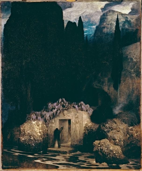 Ferdinand Keller, Böcklins Grab (Landschaft, Felsen, Insel, Wasser, Mystisch, Grab, Tod,  Nacht, Symbolismus, klassische Moderne, Wunschgröße, Wohnzimmer,)