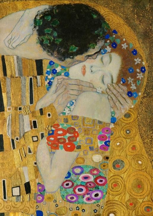 Gustav Klimt, Der Kuß  (Klassische Moderne, Malerei, dekorativ, Jugendstil, Eros&People, Frau, Mann, Umarmung, Erotik, Ornamente, geometrische Formen, Detail,  Wohnzimmer, Treppenhaus, Schlafzimmer)
