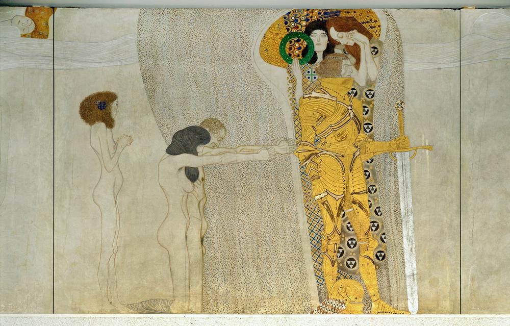 Gustav Klimt, Beethovenfries  (Wunschgröße, Klassische Moderne, dekorativ, Jugendstil, Eros&People, Frauen, Gebet, Ritter, Rüstung, Schwert, Mann,  Ornamente, bunt, Wohnzimmer, Treppenhaus, Malerei)