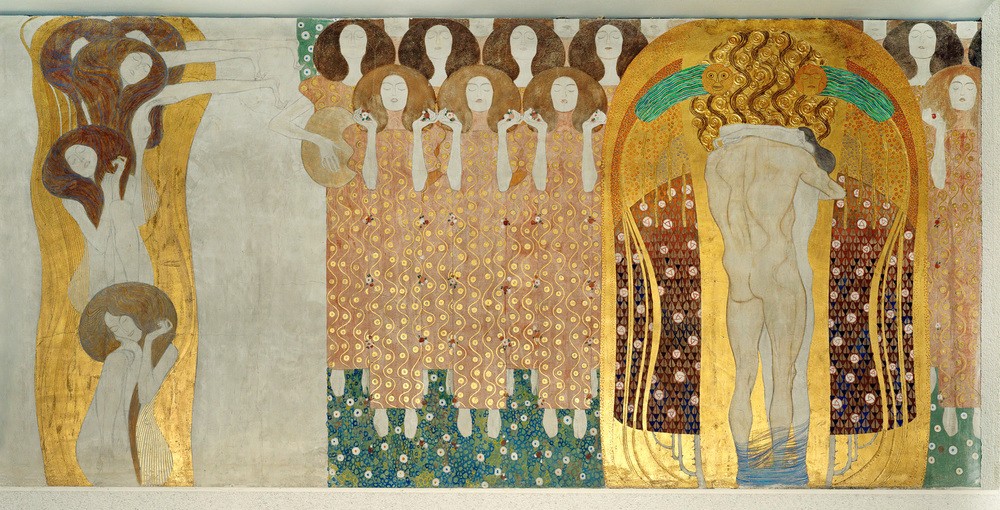 Gustav Klimt, Beethovenfries  (Wunschgröße, Klassische Moderne,dekorativ, Jugendstil, Eros&People, Frau, Mann, Umarmung, Künste, Chor,Erotik, Ornamente, bunt, Wohnzimmer, Treppenhaus, Schlafzimmer, Malerei)