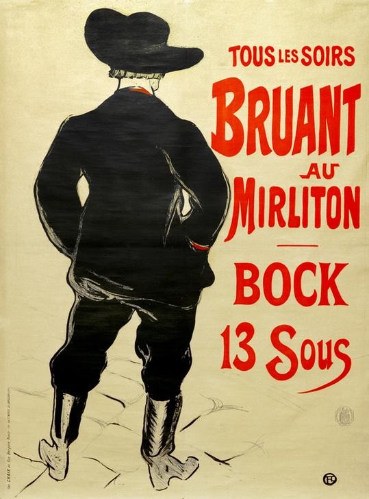 Henri de Toulouse-Lautrec, Bruant au Mirliton (Chansonsänger,Herrenmode,Jugendstil,Kabarett Und Variete,Kabarett,Kabarettist,Kunst,Mann,Mode,Musik,Sänger,Werbung,Hut,Plakat,Rückenfigur,Französische Kunst,Fin De Siecle,Hände In Den Taschen)