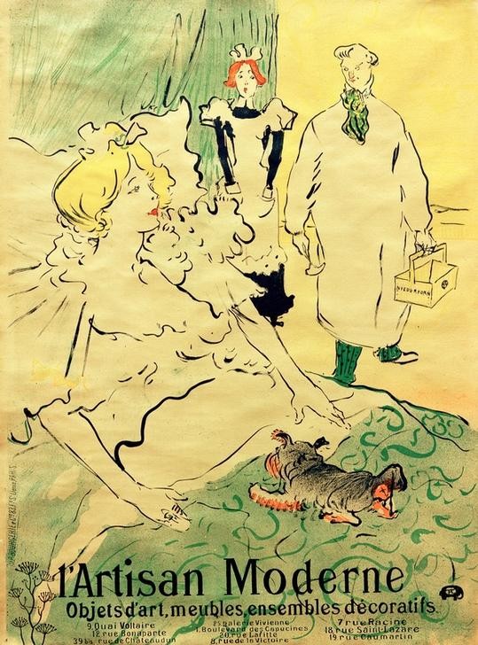 Henri de Toulouse-Lautrec, L’Artisan Moderne (Bett,Dienstboten,Frau,Jugendstil,Kunst,Mensch,Werbung,Plakat,Hund,Französische Kunst,Schosshund,Reichtum,Dienstmädchen,Luxus,Belle Epoque,Fin De Siecle,Neglige,Frauenleben,Handwerker,Dekorateur,Hausmädchen)