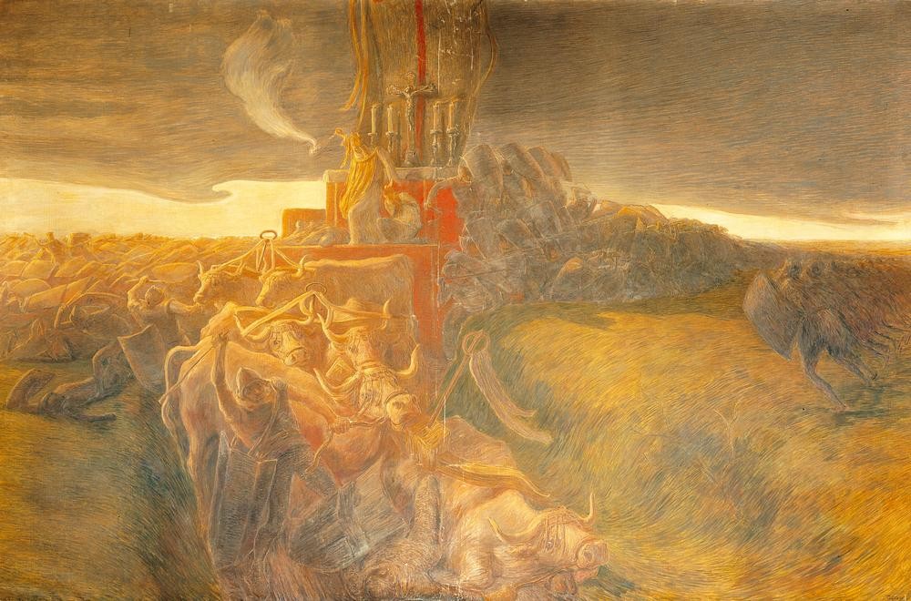 Gaetano Previati, Die Schlacht bei Legnano: Die Verteidigung des ‘Carroccio (Christentum,Geschichte,Krieg,Kunst,Religion,Szene,Schlacht,Italienische Kunst,Lombardischer Städtebund,5. Italienzug,Stier (Tier))