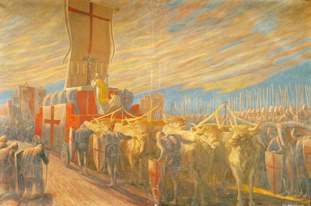 Gaetano Previati, Die Schlacht bei Legnano: Das Gebet vor der Schlacht auf de (Christentum,Geschichte,Krieg,Kunst,Religion,Szene,Schlacht,Italienische Kunst,Zugtier,Lombardischer Städtebund,Gebet Vor Der Schlacht,5. Italienzug,Stier (Tier))