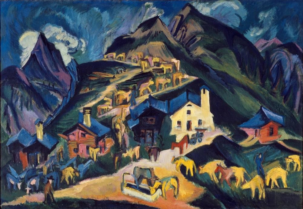 Ernst Ludwig Kirchner, Alpauftrieb (Deutsche Kunst,Dorf,Gebirge,Landschaft,Expressionismus,Viehtrieb,Die Brücke,Viehzucht)