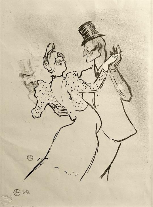 Henri de Toulouse-Lautrec, La Goulue (Frau,Gesellschaftliches Leben,Gesellschaft,Gesellschaftstanz,Jugendstil,Kabarett Und Variete,Kabarett,Kunst,Mann,Musik,Nachtleben,Tänzer,Tänzerin,Tanz,Theater,Variete (Entertainment),Walzer,Zylinder (Hut),Hut,Revue (Musiktheater),Französische Kunst,Titels)