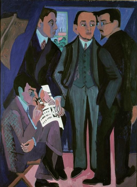 Ernst Ludwig Kirchner, Eine Künstlergemeinschaft (Entartete Kunst,Deutsche Kunst,Freundschaft (Allgemein),Gruppenbild,Herrenmode,Künstler,Kunstausstellung,Kunst,Maler (Künstler),Mann,Mode,Nationalsozialismus,Portrait,Anzug,Expressionismus,Künstlervereinigung,Die Brücke)