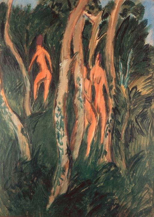 Ernst Ludwig Kirchner, Drei Akte unter Bäumen (Deutsche Kunst,Freikörperkultur,Frau,Landschaft,Wald,Akt,Expressionismus,Die Brücke,Naturverbundenheit)