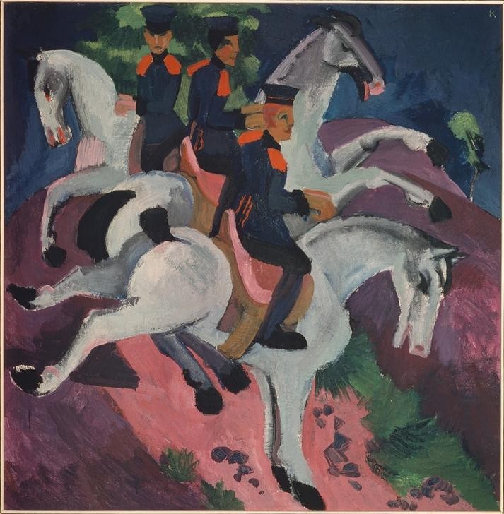 Ernst Ludwig Kirchner, Die Reitschule (Deutsche Kunst,Pferd (Tier),Sport,Reiter,Expressionismus,Dressur,Die Brücke,Reiten,Reitschule,Reitpferd,Schimmel (Pferd))