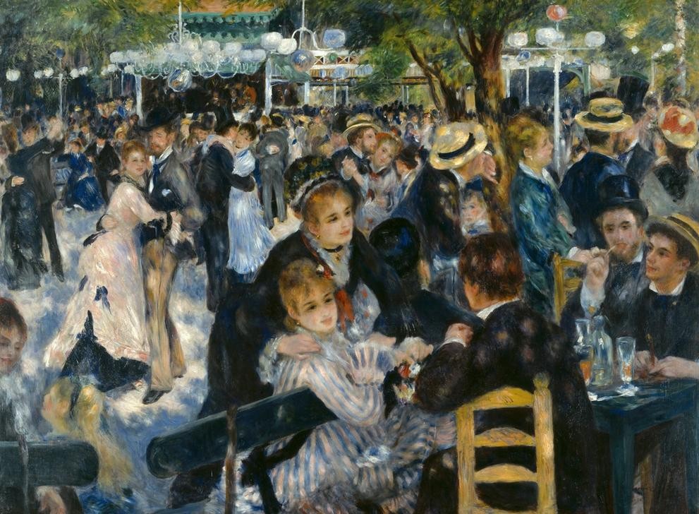 Pierre-Auguste Renoir, Le Moulin de la Galette (Ausflug,Damenmode,Gartenwirtschaft,Gastronomie,Gesellschaft,Herrenmode,Kunst,Licht Und Beleuchtung,Nachtleben,Freizeit,Tänzer,Tanz,Urlaub,Impressionismus,Hut,Tanzlokal,Lampe,Französische Kunst,Menschenmenge,Kleid,Belle Epoque,Kommunikation,Streifen,Stadtl)