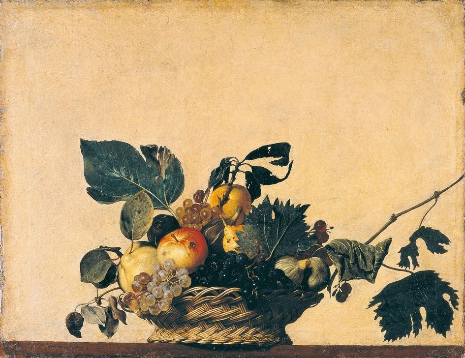 Caravaggio, Der Obstkorb (Stillleben, Obstkorb, Früchte, Weinranke, Trauben, Korbgeflecht, Barock, hell-dunkel, Klassiker, Malerei, Wunschgröße, Wohnzimmer, Esszimmer, Trompe l'oeil)