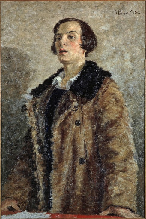 Georgy Georgievich Ryazhsky, Die Vorsitzende (EMANZIPATION, FRAU, Abgeordnete, Selbstbewusstsein, Menschen, REALISMUS, PORTRAIT, SOZIALISTISCHER REALISMUS,  POLITIK, HALBFIGUR,  Mantel, Wunschgröße)