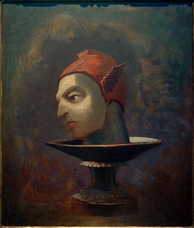 Odilon Redon, Das Haupt des Perseus (Das Haupt des Merkur auf einer Schale) (Enthaupten,Kunst,Mythologie,Symbolismus,Französische Kunst,Götter,Heros,Kopf,Flügelhelm,Gottheit,Griechisch-Römische Mythologie)
