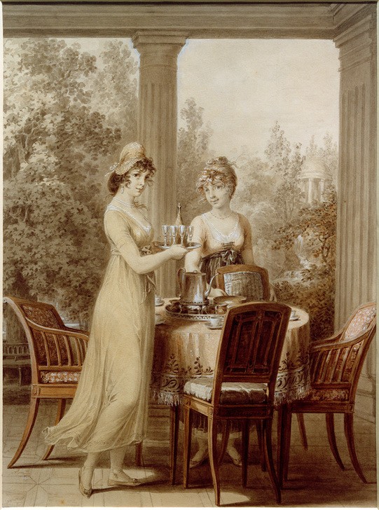 Vincenz Georg Kinzinger, Zwei Damen im Pavillon (Menschen, Gesellschaft, People & Eros, Frauen, Salon, Damen, Esstimmer, Wohnzimmer, Wunschgröße, sepia)