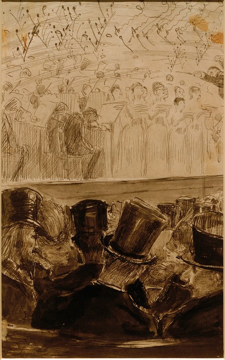 Max Klinger, Das Konzert  (Kultur, Unterhaltung, Konzert, Chor, Zuschauer, Grafik, Klassiker, Musikzimmer, Treppenhaus, sepia, Wunschgröße)