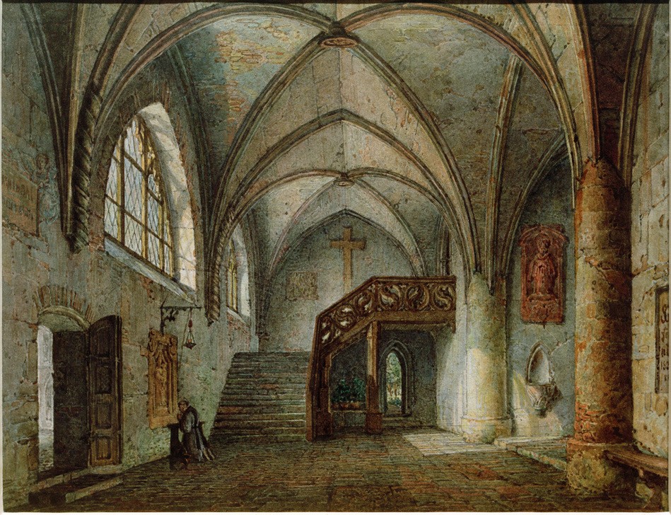 Simon Quaglio, Eingang Zwölfbrüderhaus  (Christliche Architektur, Würzburg,Kreuzrippengewölbe, Bayern, gotisches Kloster, Gebäude, Romantik, Klassiker, Wunschgröße, Wohnzimmer)