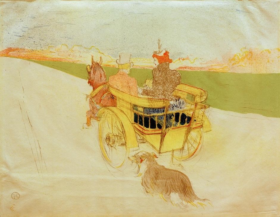 Henri de Toulouse-Lautrec, Partie de Campagne (Ausflug,Jugendstil,Kutsche,Kunst,Pferdewagen,Freizeit,Verkehr,Hund,Reise,Französische Kunst,Paar,Eleganz,Belle Epoque,Fin De Siecle,Landpartie,Jahrhundertwende,Gig)