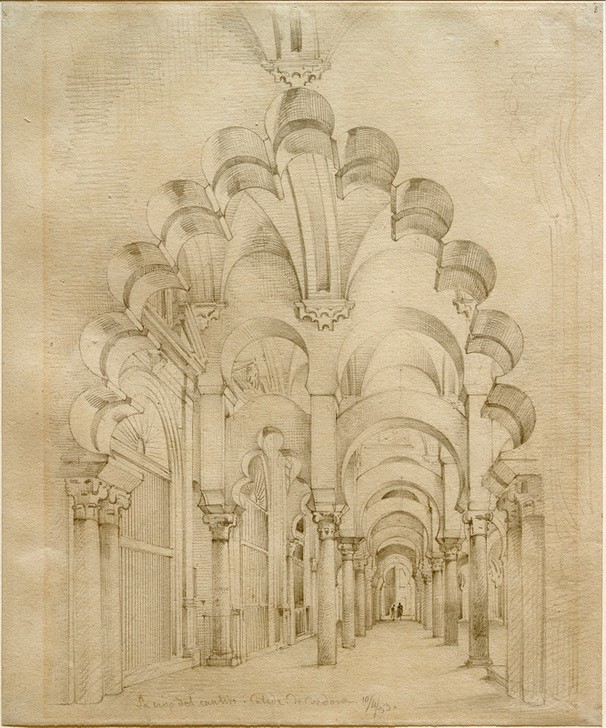Wilhelm Gail, Mezquita von Córdoba  (Architektur, Zeichnung, Studie, Gewölbe, Interieur, Kirche, Kirchenschiff, Spanien, Wunschgröße, Klassiker, Wohnzimmer, schwarz/weiß)