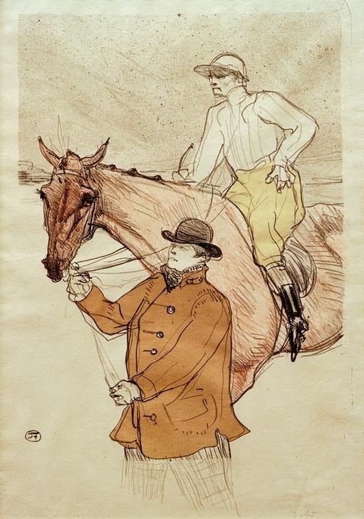 Henri de Toulouse-Lautrec, Le Jockey se Rendant au Poteau (Jugendstil,Kunst,Pferdesport,Pferd (Tier),Sport,Reiter,Jockey,Französische Kunst,Pferderennen,Belle Epoque,Fin De Siecle,Tier,Jahrhundertwende,Reitpferd)