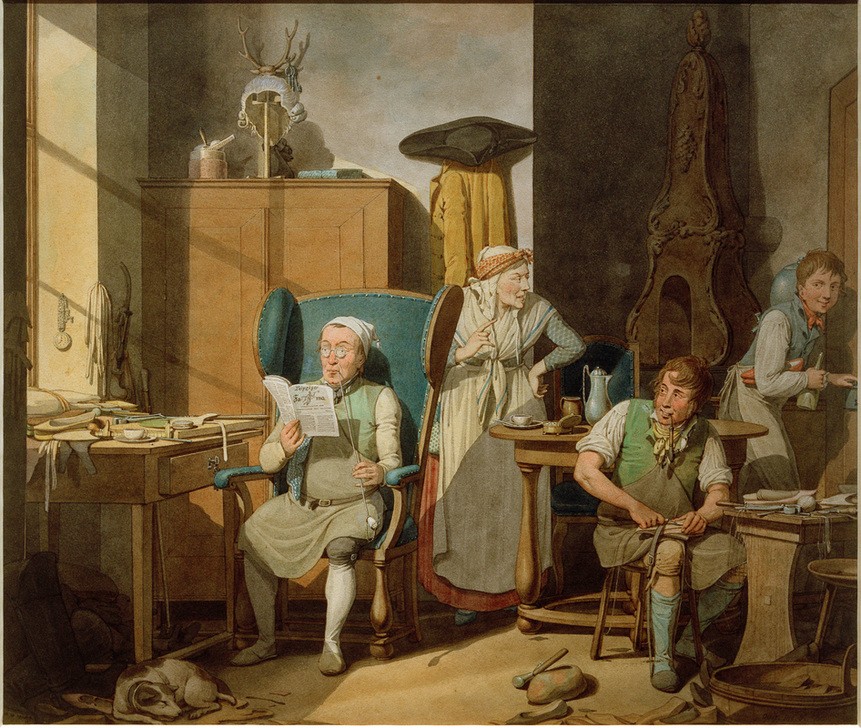 Georg Emanuel Opiz, Schusterfamilie in der Werkstatt (Schuster, Schuhmacher, Handwerk, Familie, Generationen, Alltagsszene, Genremalerei, Wunschgröße, Klassiker, Wohnzimmer)