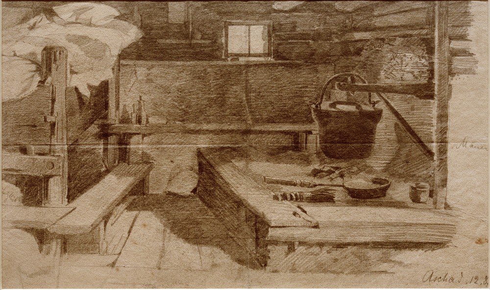 Julius Adam, Inneres einer Bauernstube  (Stube, Raum, Zimmer, Interieur, Feuerstelle, Grafik, Wunschgröße, sepia, Küche)