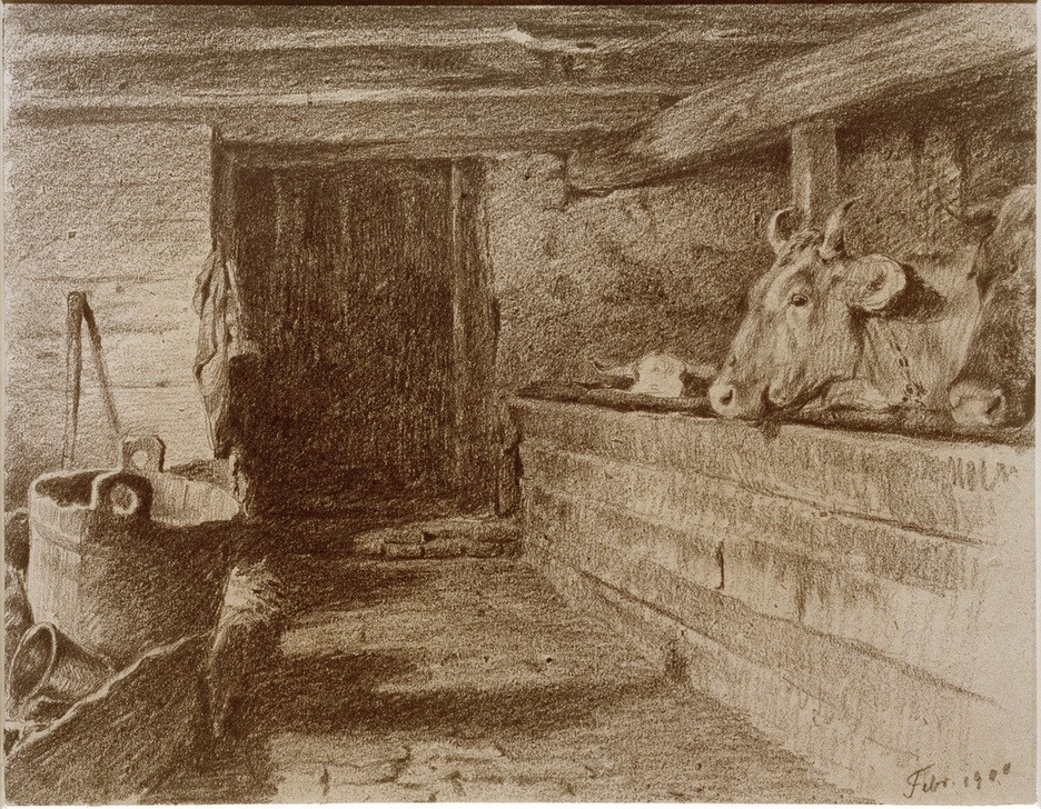 Otto Keitel, Inneres eines Kuhstalls  (Grafik, Interieur, Stall, Kühe, Landwirtschaft, Bauernhof, Vieh, Klassiker, Wohnzimmer, Esszimmer, Wunschgröße, sepia)
