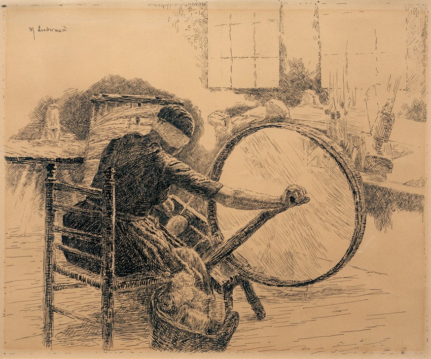 Max Liebermann, Die Spinnerin  (Handwerk, Arbeit, Spinnen, Realismus, Frau, Wolle, Grafik, Wunschgröße, Treppenhaus, Wohnzimmer, schwarz/weiß)