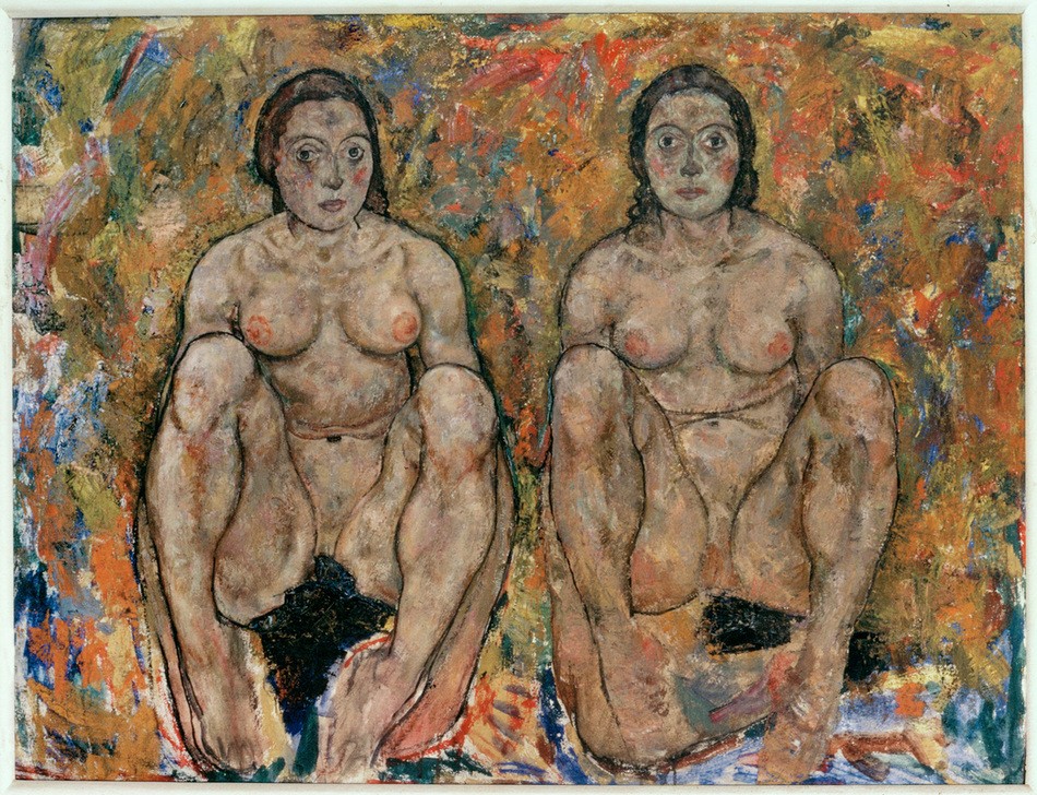 Egon Schiele, Hockendes Frauenpaar (Frau,Freundschaft (Allgemein),Akt,Expressionismus,Österreichische Kunst,Hocken,Doppelportrait)