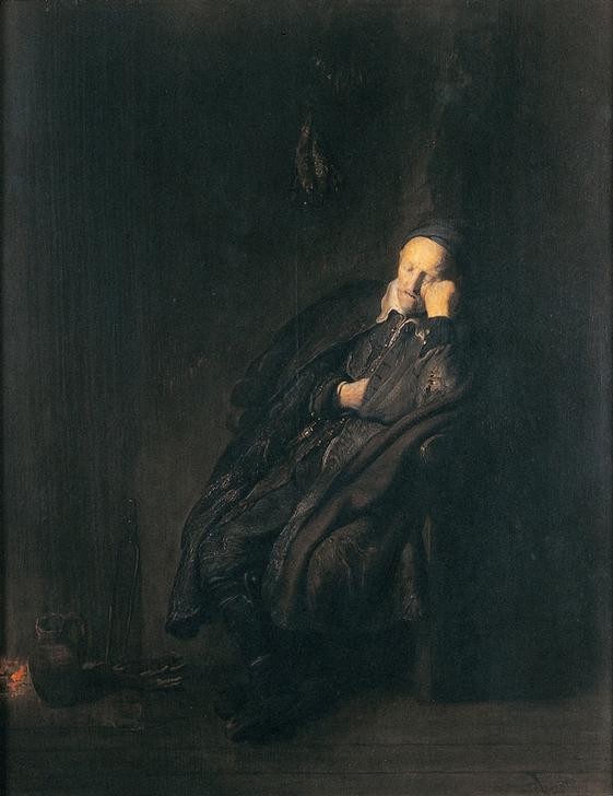 Rembrandt Harmenszoon van Rijn, Schlafender alter Mann beim Feuer (Kunst,Laster,Lebensalter,Mann,Alter,Barock,Portrait,Helldunkel,Niederländische Kunst,Holländische Kunst,Lebensabend,Alter Mann,Sitzen,Ganzfigurig,Schlafen (Schlaf),Im Sitzen Schlafen,Männerleben,Nickerchen)