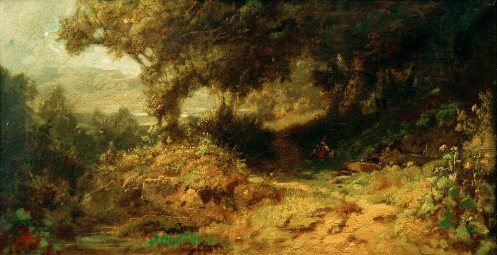 Carl Spitzweg, Waldlandschaft (Rastende Kinder am Brunnen) (Deutsche Kunst,Kind,Kunst,Landschaft,Rast,Brunnen,Wald,Ausruhen,Waldweg)