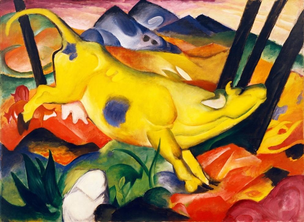 Franz Marc, Die gelbe Kuh (Malerei, Expressionismus, Landschaft, Kuh, rennende Kuh, Berge, Hügel, Tier, Bäume, klassische Moderne, Wohnzimmer,  Treppenhaus, Wunschgröße)
