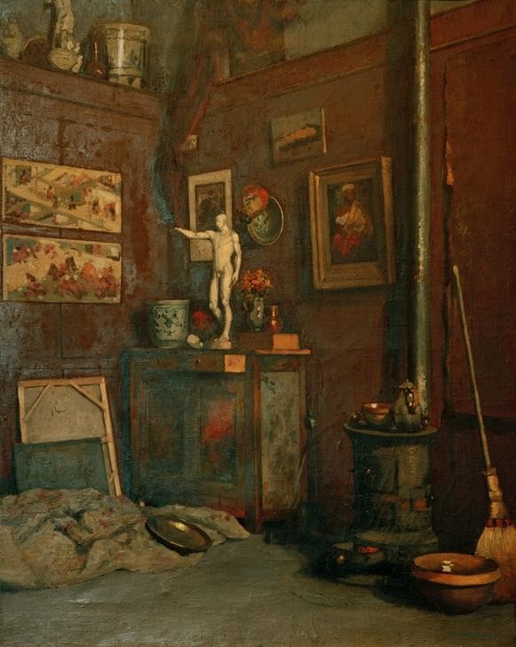 Gustave Caillebotte, Intérieur d’atelier (Atelier,Heizung,Künstler,Kunst,Maler (Künstler),Werkstatt (Allgemein),Impressionismus,Bild Im Bild,Ofen (Heizung),Interieur,Besen,Französische Kunst,Reisigbesen,Skulptur Im Bild,Geschirr (Haushalt))