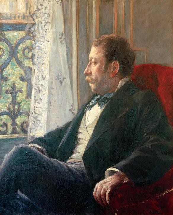 Gustave Caillebotte, Portrait d’homme (Herrenmode,Kunst,Mann,Mensch,Mode,Impressionismus,Schnurrbart,Portrait,Melancholie,Blick Aus Dem Fenster,Französische Kunst,Vorhang,Profil,Sitzen,Kniestück,Fenstergitter,Beine (Übereinandergeschlagen),Aus Dem Fenster Sehen,Gardine)