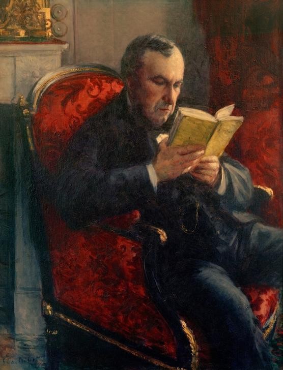 Gustave Caillebotte, Portrait d’Eugène Daufresne (Buch,Familie,Kunst,Leser,Literatur,Mann,Impressionismus,Portrait,Lesen (Allgemein),Onkel,Französische Kunst,Sessel,Sitzen,Kniestück,Konzentration)