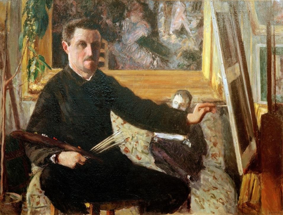 Gustave Caillebotte, Autoportrait au chevalet (Atelier,Künstler Und Modell,Künstler,Kunst,Maler (Künstler),Mann,Staffelei,Impressionismus,Selbstbildnis,Künstler Bei Der Arbeit,Bild Im Bild,Portrait,Palette,Französische Kunst,Pinsel,Blick Aus Dem Bild,Kniestück,Person)