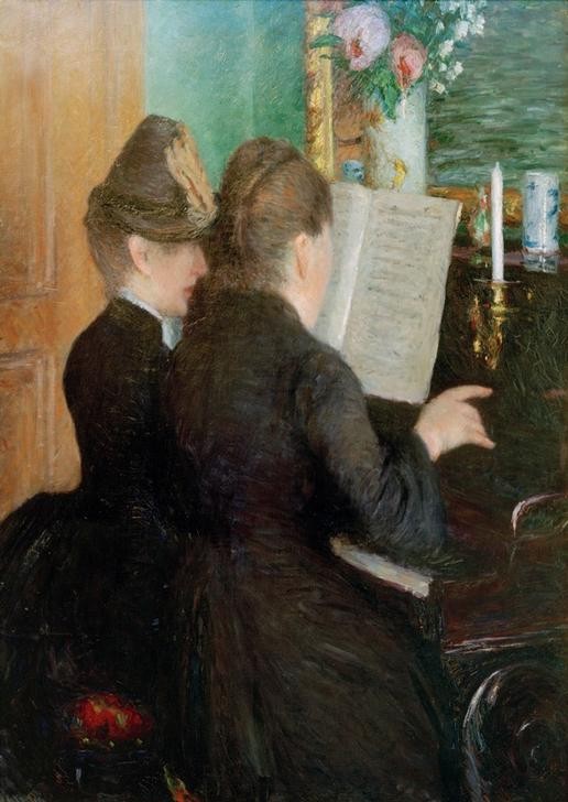 Gustave Caillebotte, La leçon de piano (Frau,Hausmusik,Konzert,Kunst,Musik,Impressionismus,Instrument,Unterricht,Klavier,Blumenstrauss,Vase,Rückenfigur,Französische Kunst,Musikstunde,Frauenleben,Profil,Klavierspiel,Musikunterricht,Klavierunterricht)