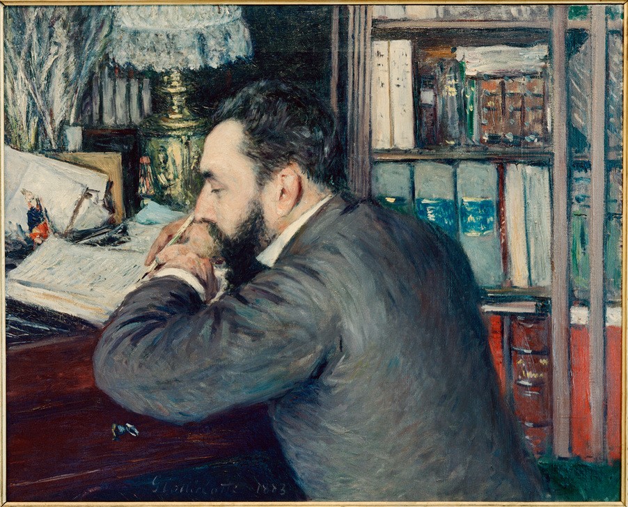 Gustave Caillebotte, Henri Cordier (Arbeitszimmer,Bibliothek,Kunst,Mann,Philologe,Schreiber,Schreiben Und Schrift,Tischlampe,Impressionismus,Wissenschaftler,Portrait,Französische Kunst,Philologie,Schreibpult,Orientalist,Orientalistik,Schreiben,Bücherregal,Selbstvergessenheit,Geisteswissensc)